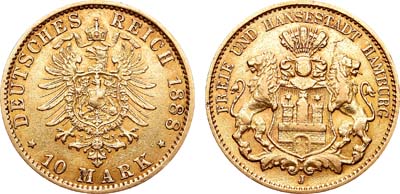 Лот №29,  Германская империя. Вольный ганзейский город Гамбург. 10 марок 1888 года..