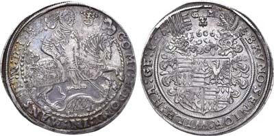 Лот №34,  Германия. Графство Мансфельд (Борнштедская линия). Совместное правление, графы : Бруно II, Вильгельм I, Иоганн Геог IV. Талер 1606 года.