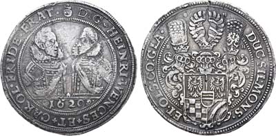 Лот №38,  Германия. Герцогство Мюнстерберг-Ольс. Герцоги Генрих Вацлав и Карл Фредерик. Талер 1620 года.