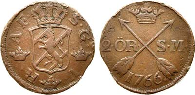 Лот №35,  Королевство Швеция. Король Адольф Фредрик. 2 эре 1766 года.