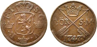 Лот №560, 2 эре 1747 года. Королевство Швеция. Король Фредрик I. 2 эре 1747 года.