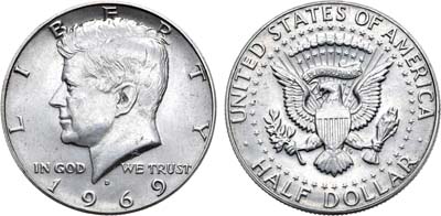 Лот №68,  США. 1/2 доллара (50 центов) 1969 года.