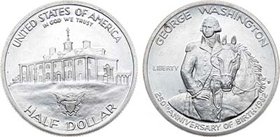 Лот №34,  США. 1/2 доллара (50 центов) 1982 года. 250 лет со дня рождения Джорджа Вашингтона.