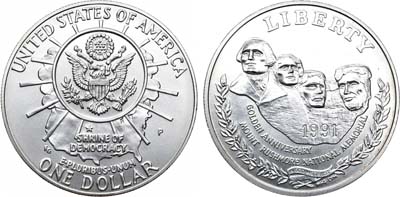 Лот №37,  США. 1 доллар 1991 года. 50 лет Национальному мемориалу Рашмор.
