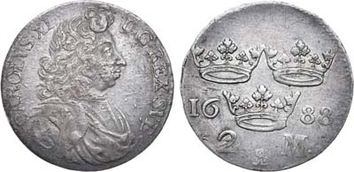 Лот №3,  Королевство Швеция. Король Карл XI. 2 марки 1688 года.