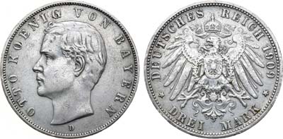 Лот №12,  Германская империя. Королевство Бавария. Король Отто. 3 марки 1909 года.