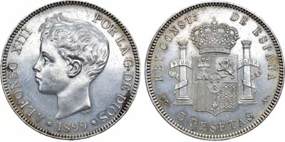 Лот №31,  Королевство Испания. Король Альфонсо XIII.  5 песет 1899 года.