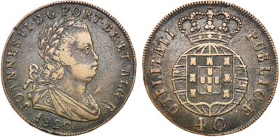 Лот №102,  Королевство Португалия. Король Жуан VI. 40 рейс 1820 года.