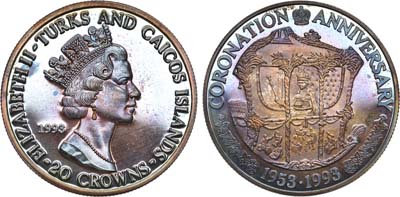 Лот №119,  Тёркс и Кайкос. 20 крон 1993 года. 40 лет коронации Елизаветы II (коронационная карета).