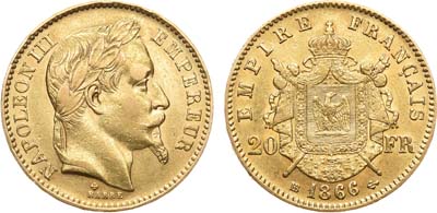 Лот №125,  Франция. Вторая империя. Император Наполеон III. 20 франков 1866 года.