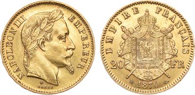 Лот №126,  Франция. Вторая империя. Император Наполеон III. 20 франков 1870 года.
