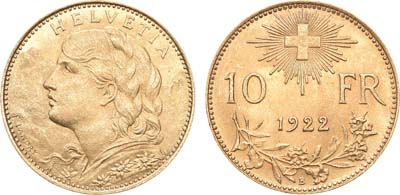 Лот №131,  Швейцария, 10 франков 1922 года..