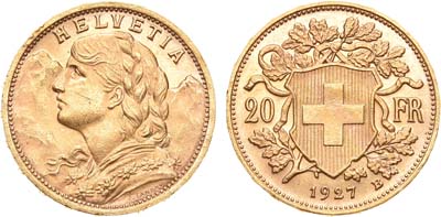 Лот №132,  Швейцария. 20 франков 1927 года.