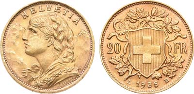 Лот №133,  Швейцария. 20 франков 1935 года.