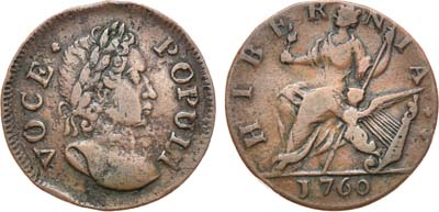 Лот №19,  Великобритания, Ирландия. Король Георг III. 1/2 пенни 1760 года.
