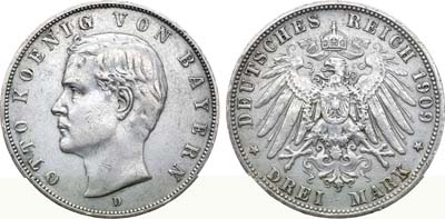 Лот №41,  Германская империя. Королевство Бавария. Король Отто. 3 марки 1909 года.