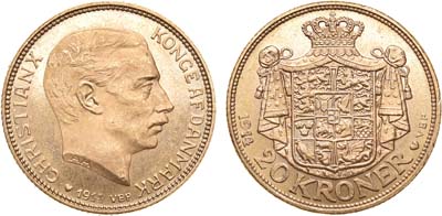 Лот №55,  Дания. Королевство. Король Кристиан X. 20 крон 1914 года.