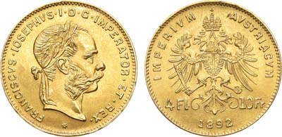 Лот №6,  Австро-Венгерская империя. Император Франц Иосиф I. 4 флорина 1892 года.