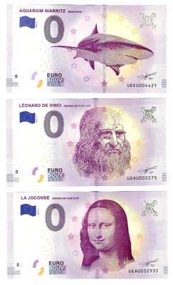 Лот №1401,  Лот из 3-х сувенирных банкнот по 0 евро 2018-2019 гг. с различными мотивами.