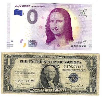 Лот №1402,  Лот из  2-х банкнот (1 доллар 1935г. США и 0 евро 2018г.).