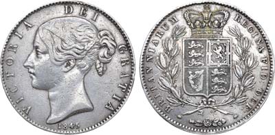 Лот №21,  Великобритания. Королевство. Королева Виктория. 1 крона 1845 года.