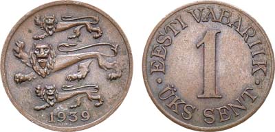 Лот №90,  Эстония. Первая республика. 1 цент 1939 года.
