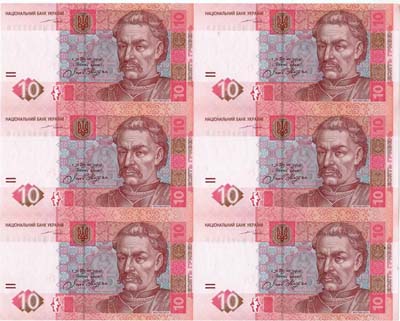 Лот №1270,  Украина. 10 гривен 2004 года. Билет Национального банка Украины. Неразрезанный лист из 6 банкнот (2х3).