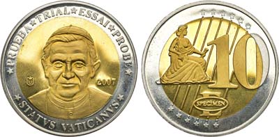 Лот №22,  Ватикан. 10 евро 2007 года. Папа Бенедикт XVI. Пробная монета.