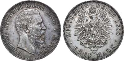 Лот №50,  Германская империя. Королевство Пруссия. Король Фридрих III. 5 марок 1888 года.