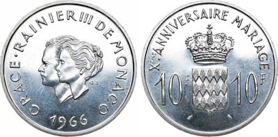 Лот №125,  Монако. Княжество. Князь Ренье III. 10 франков 1966 года. 10 лет свадьбе Ренье III и Грейс Келли.