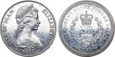 Лот №129,  Остров Мэн. 1 крона 1977 года. 25 лет правления Елизаветы II (серебряный юбилей).