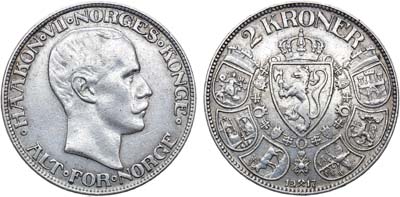 Лот №131,  Норвегия. Королевство. Король Хокон VII. 2 кроны 1917 года.