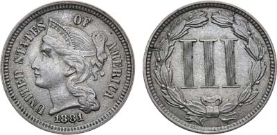 Лот №167,  США. 3 цента 1881 года.
