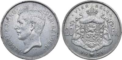 Лот №25,  Бельгия. Королевство. Король Альберт I. 20 франков 1931 года. Надпись на голландском - ALBERT KONING DER BELGEN.