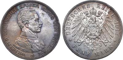 Лот №51,  Германская империя. Королевство Пруссия. Король Вильгельм II. 5 марок 1913 года. Бюст в военной форме (мундир).
