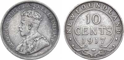 Лот №71,  Доминион Ньюфаундленд. Король Георг V. 10 центов 1917 года.