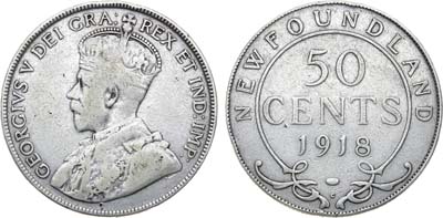 Лот №72,  Доминион Ньюфаундленд. Король Георг V. 50 центов 1918 года.