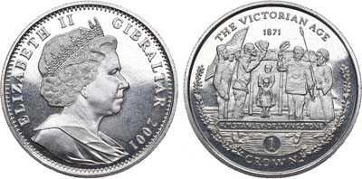 Лот №121,  Гибралтар. Заморская территория Великобритании. Королева Елизавета II. 1 крона 2001 года. Серия Викторианская эпоха. Стэнли и Ливингстон.