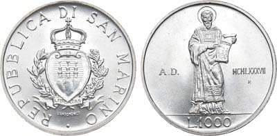 Лот №193,  Сан-Марино. Республика. 1000 лир 1987 года. 15 лет возобновлению чеканки монет.