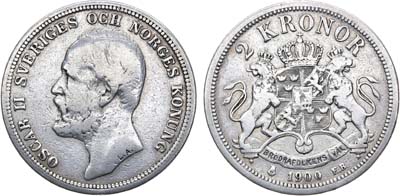 Лот №249,  Королевство Швеция. Король Оскар II. 2 кроны 1900 года.