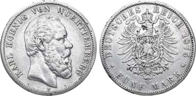 Лот №80,  Германская империя. Княжество Вюртемберг . Король Карл I. 5 марок 1875 года.