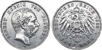 Лот №84,  Германская империя. Королевство Саксония. Король Альберт. 5 марок 1893 года.