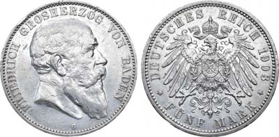 Лот №87,  Германская империя. Великое Герцогство Баден. Великий герцог Фридрих. 5 марок 1903 года.