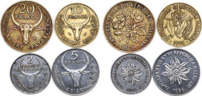 Лот №107,  Мадагаскар. Сборный лот из 4 монет 20 франков 1989 года, 10 франков 1988 года, 5 франков 1986 года, 2 франка 1965 года.