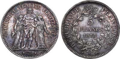 Лот №156,  Франция. Третья республика. 5 франков 1875 года. Геркулес.