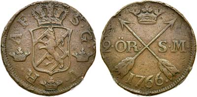 Лот №165,  Королевство Швеция. Король Адольф Фредрик. 2 эре 1766 года.