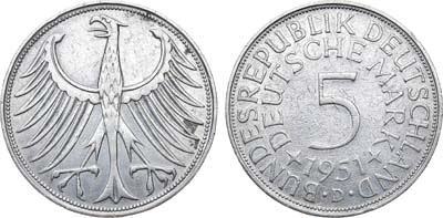 Лот №50,  ФРГ (Федеративная Республика Германия). 5 марок 1951 года.