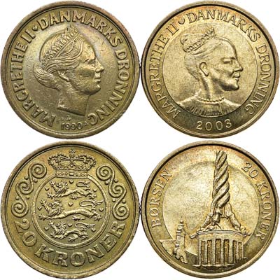 Лот №79,  Дания. Сборный лот из 2 монет 20 крон 1990 и 2003 года.