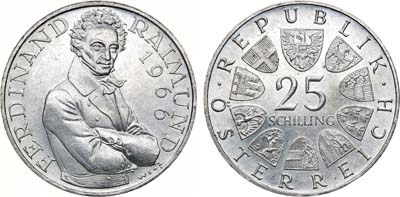 Лот №8,  Австрия. Вторая республика. 25 шиллингов 1966 года. 130 лет со дня смерти Фердинанда Раймунда.