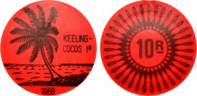 Лот №93,  Кокосовые (Килинг) острова. Австралийское правление. Правитель Джон Сесил Клуниз-Росс. 10 рупий 1968 года.